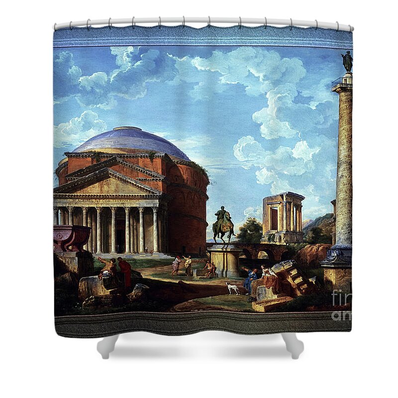 Architectural Fantasy Shower Curtain featuring the painting Fantasy View with the Pantheon and other Monuments of Old Rome by Rolando Burbon