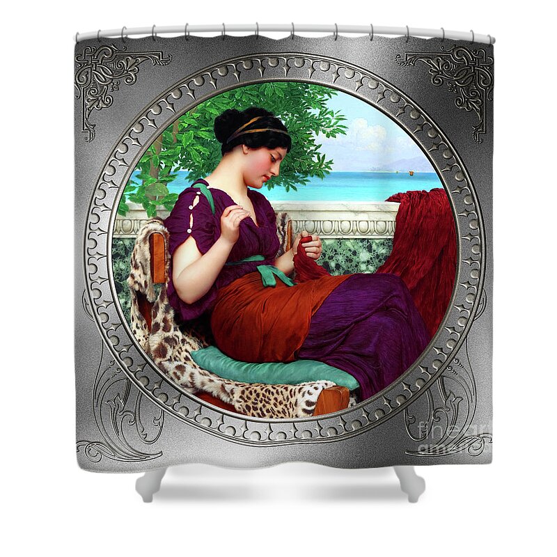 Far Away Thoughts Shower Curtain featuring the painting Far Away Thoughts c1911 by John William Godward Fine Art Xzendor7 Old Masters Reproductions by Rolando Burbon