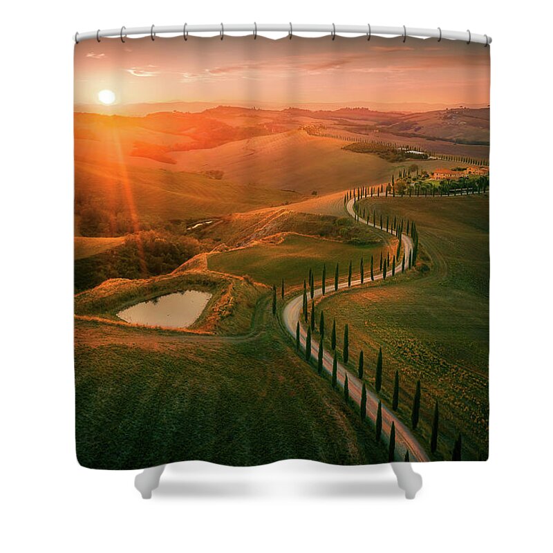 Sunset Shower Curtain featuring the photograph Farm land birdview by Henry w Liu