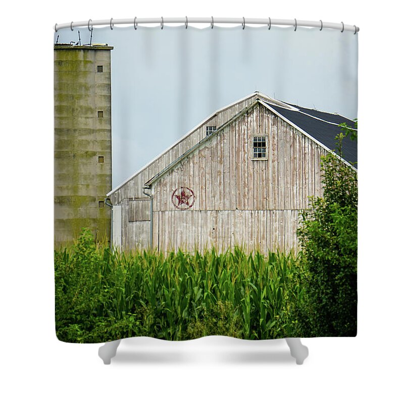Amish Shower Curtain featuring the photograph Farm Shapes and Bird by Tana Reiff