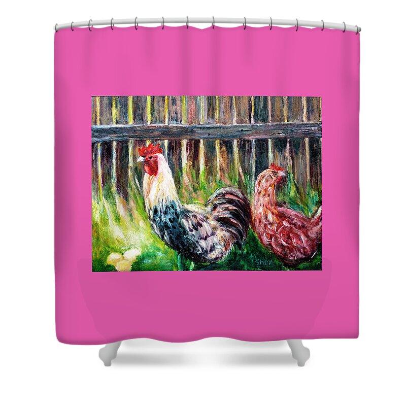 Art - Acrylic Shower Curtain featuring the painting Farm Yard Chicken - Acrylic Art by Sher Nasser