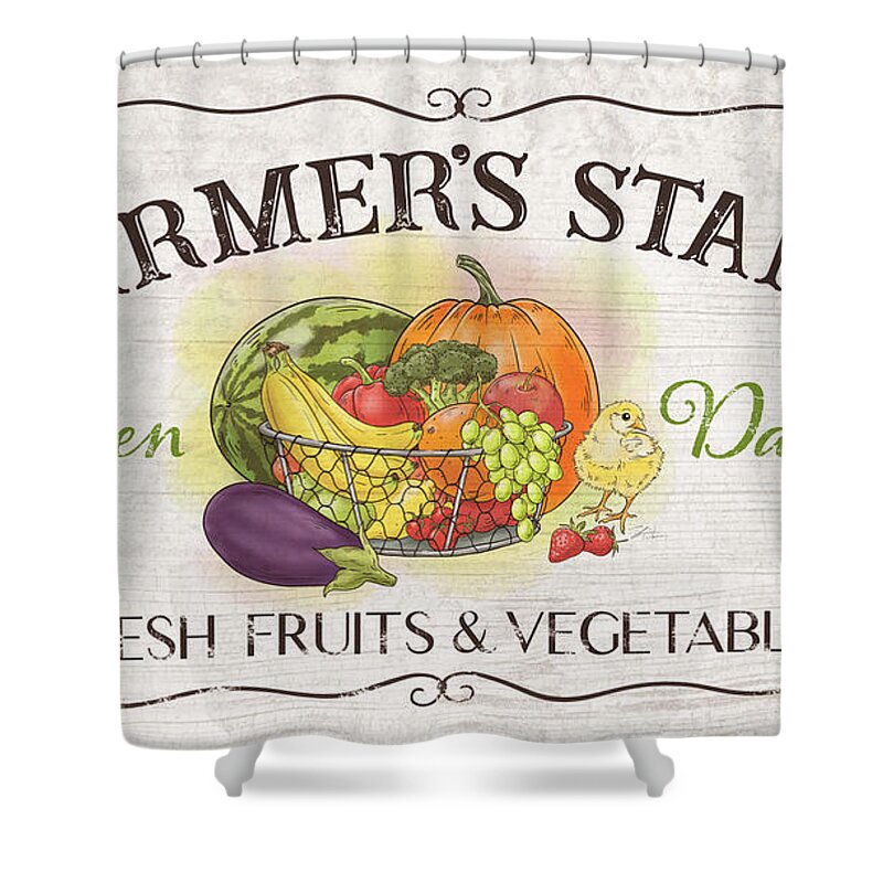 Fruit Shower Curtain featuring the mixed media Farmers Stand Sign by Shari Warren