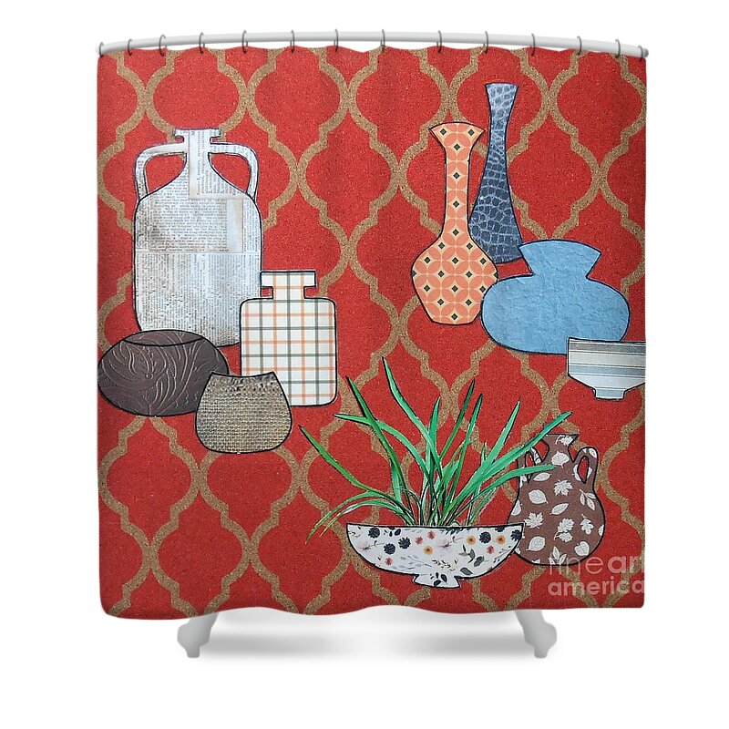 Farmhouse Shower Curtain featuring the mixed media Farmhouse Rustic Pottery No.1 by Jayne Somogy