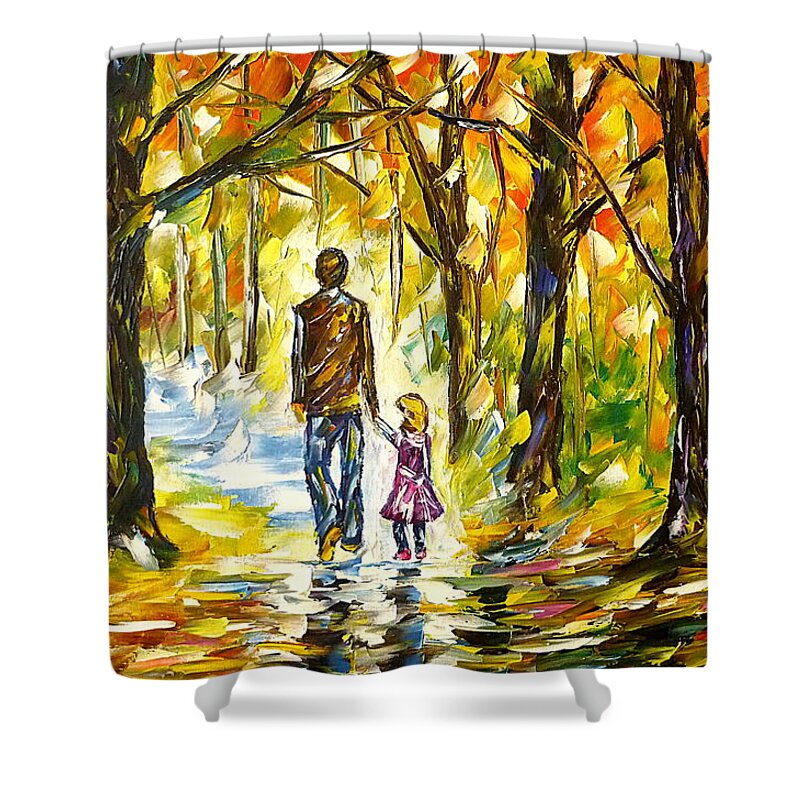 Forest Painting Shower Curtain featuring the painting Father With Daughter In The Forest by Mirek Kuzniar