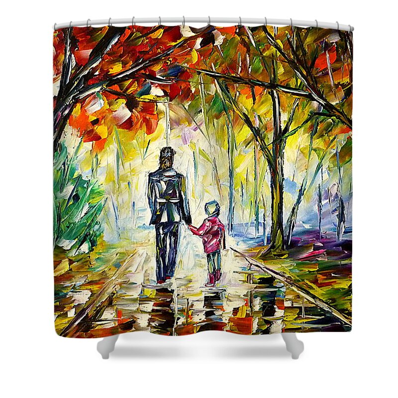 Autumn Walk Shower Curtain featuring the painting Father With Daughter In The Park by Mirek Kuzniar