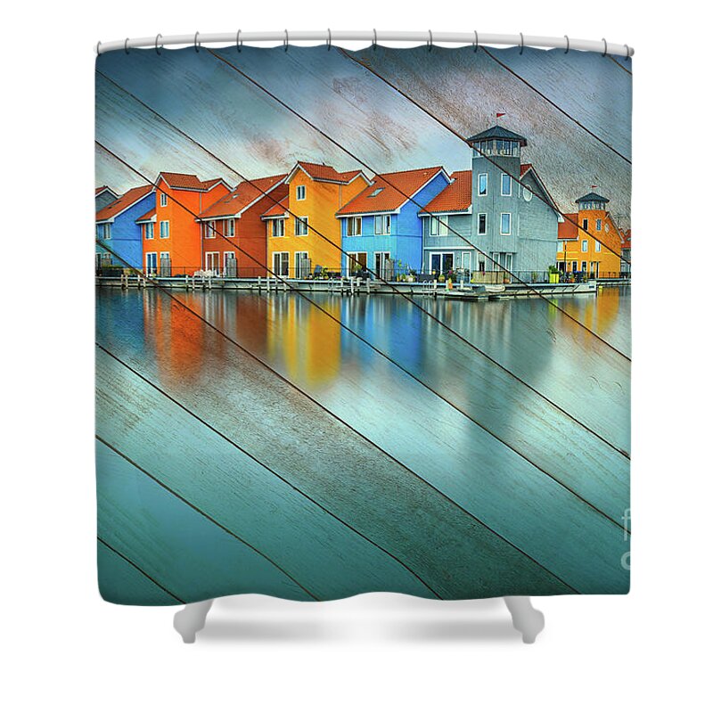 Sea Shower Curtain featuring the photograph Faux Wood Blue Morning at Waters Edge Groningen Coastal Landscape Photograph by PIPA Fine Art - Simply Solid