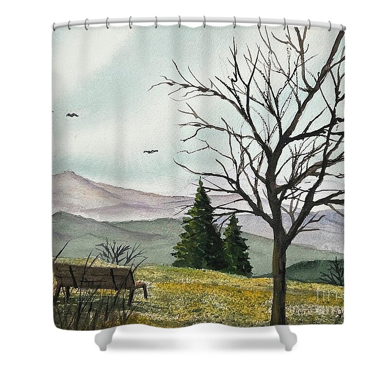 Mountains Shower Curtain featuring the painting Favorite Spot by Joseph Burger