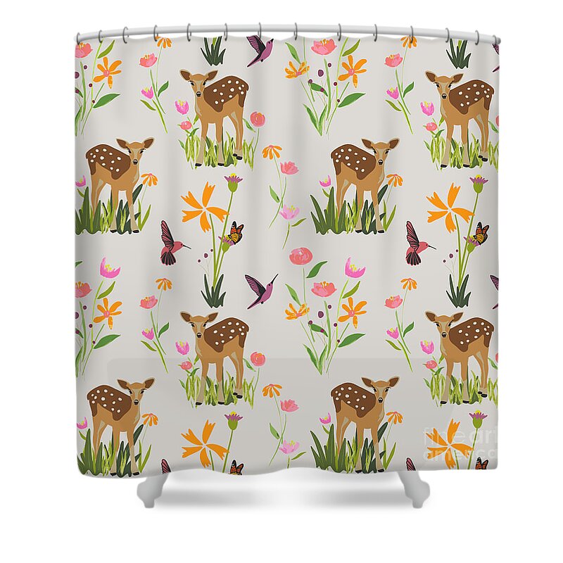 Hummingbirds Shower Curtain featuring the digital art Fawn with Wildflowers and Humming birds by Ashley Lane