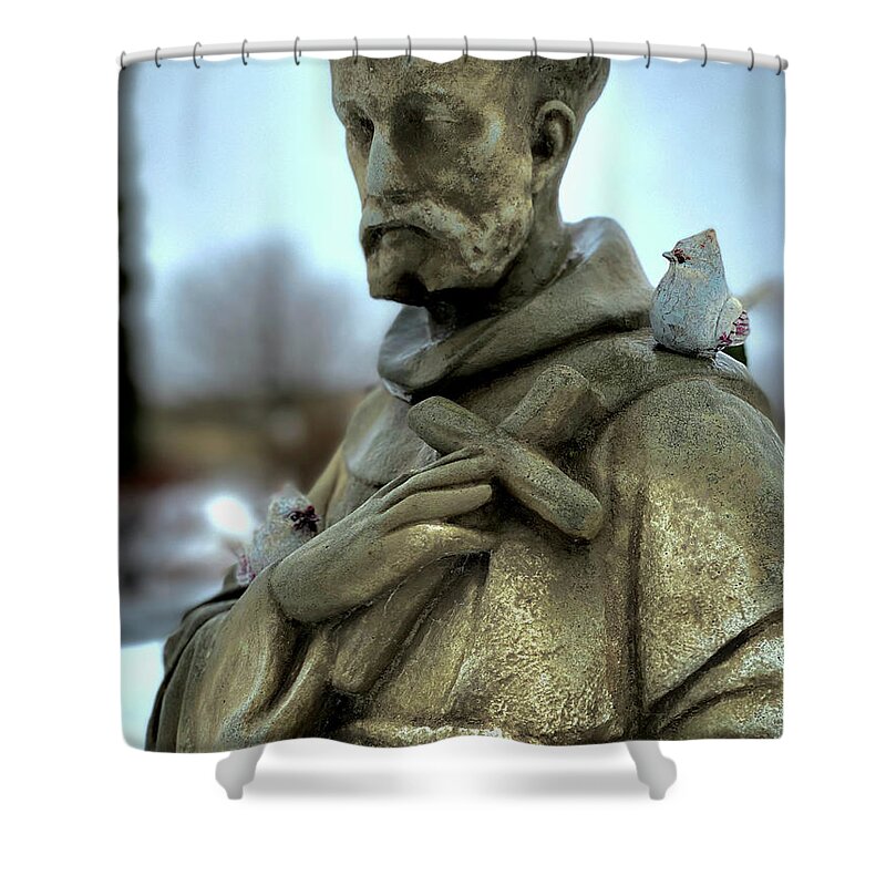 Monk Shower Curtain featuring the photograph Feathered Friends and Saints by Carol Jorgensen