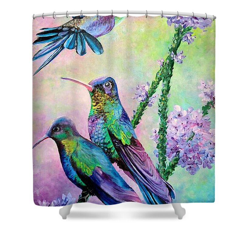 Humming Birds Shower Curtain featuring the painting Feathered Jewels by Karin Dawn Kelshall- Best