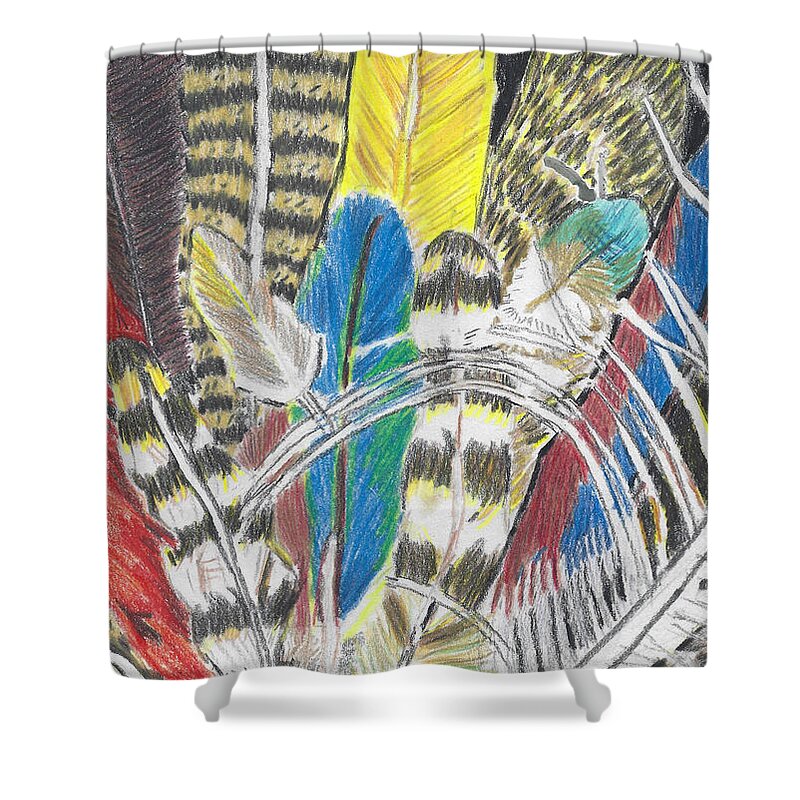Feathers Shower Curtain featuring the drawing Feathers Colorful Hand Drawn Colored Pencil Drawing of Bird Plumage by Ali Baucom