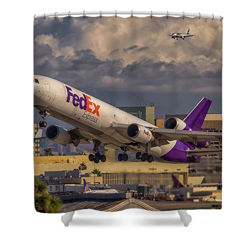 2015 Shower Curtain featuring the photograph FedEx Heavy Departs LAX by Frank Sellin