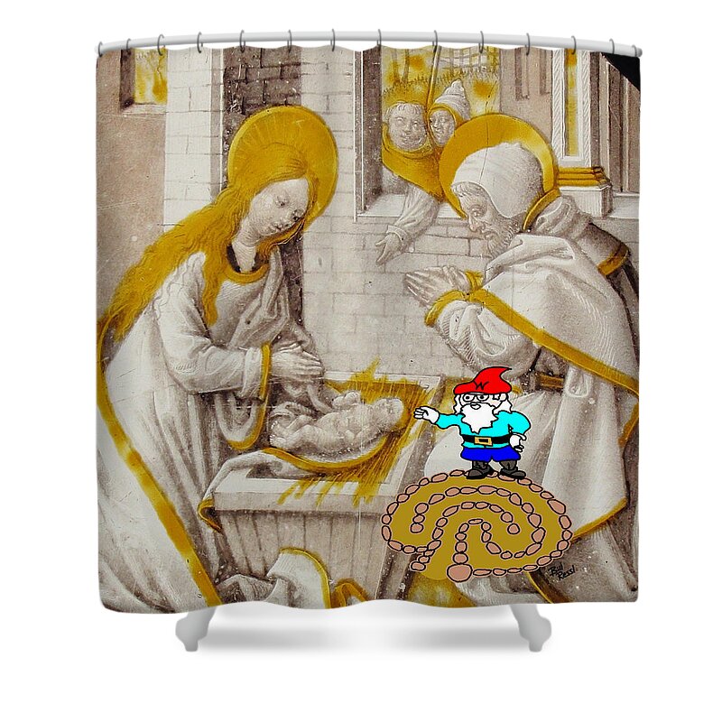 Christmas Shower Curtain featuring the digital art Will the Wandering Gnome Visits Jesus in the Manger - Gnome Art by Bill Ressl
