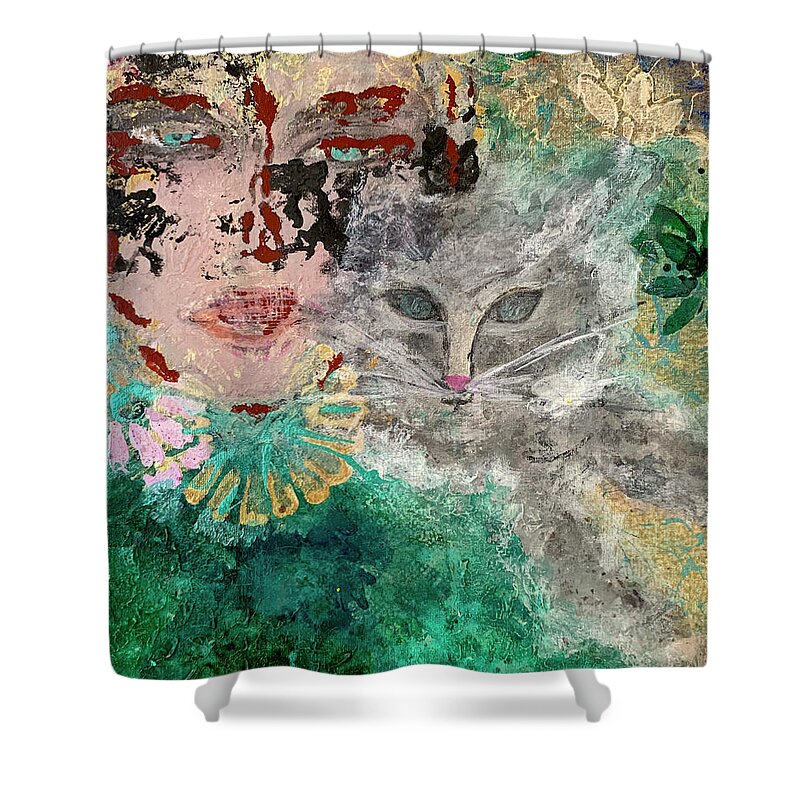 Girl Shower Curtain featuring the painting Feline Friend by Leslie Porter