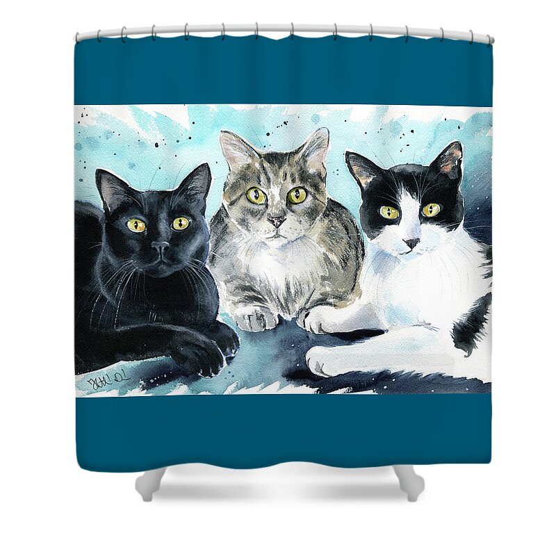 Cats Shower Curtain featuring the painting Felix, Dinho And Tuco Cat Painting by Dora Hathazi Mendes