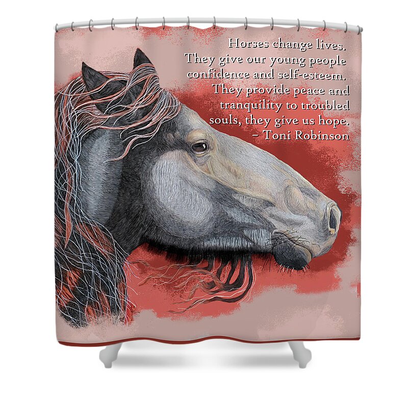 Fell Pony Shower Curtain featuring the mixed media Fell Pony with Quote by Equus Artisan
