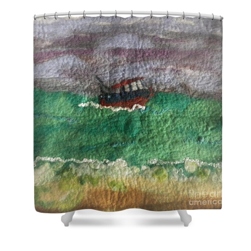 Material Shower Curtain featuring the tapestry - textile Felt of the sea by Julie Grimshaw