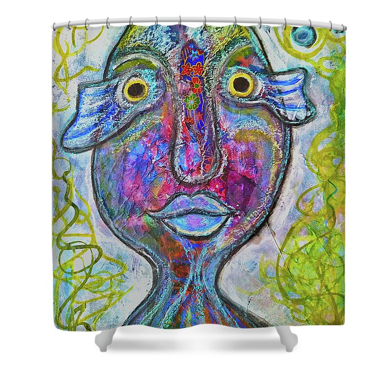 Femme Shower Curtain featuring the mixed media Femme Poisson by Mimulux Patricia No
