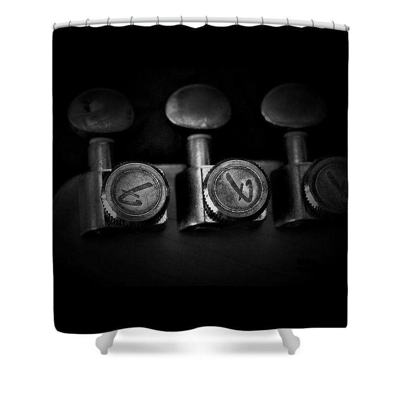 Wall Art Shower Curtain featuring the photograph Fender Stratocaster Telecaster Headstock Tuners 3 by Guitarwacky Fine Art