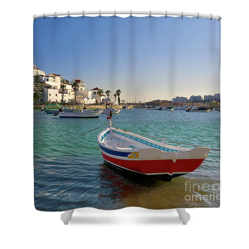 Portugal Shower Curtain featuring the photograph Ferragudo with a red fishing boat, Portugal by Mikehoward Photography
