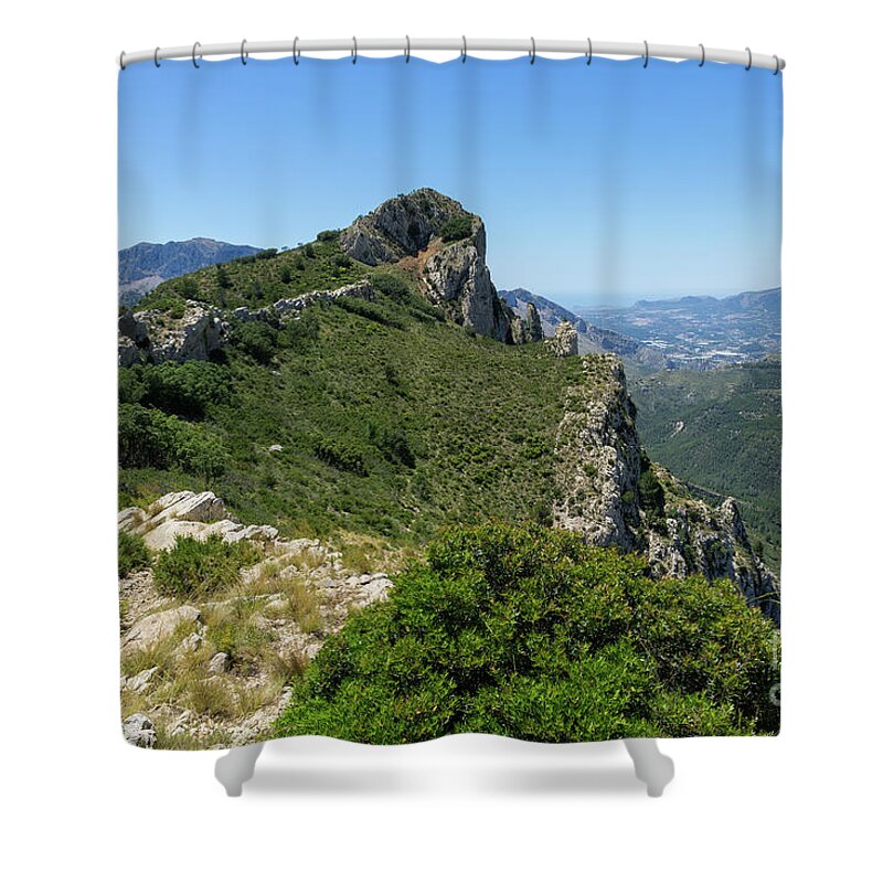 Mountain Shower Curtain featuring the photograph Ferrer mountain ridge and view of Puig Campana by Adriana Mueller