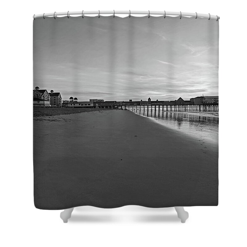 Old Shower Curtain featuring the photograph Ferris Wheel on the Beach Old Orchard Beach Maine Sunrise Pier Black and White by Toby McGuire