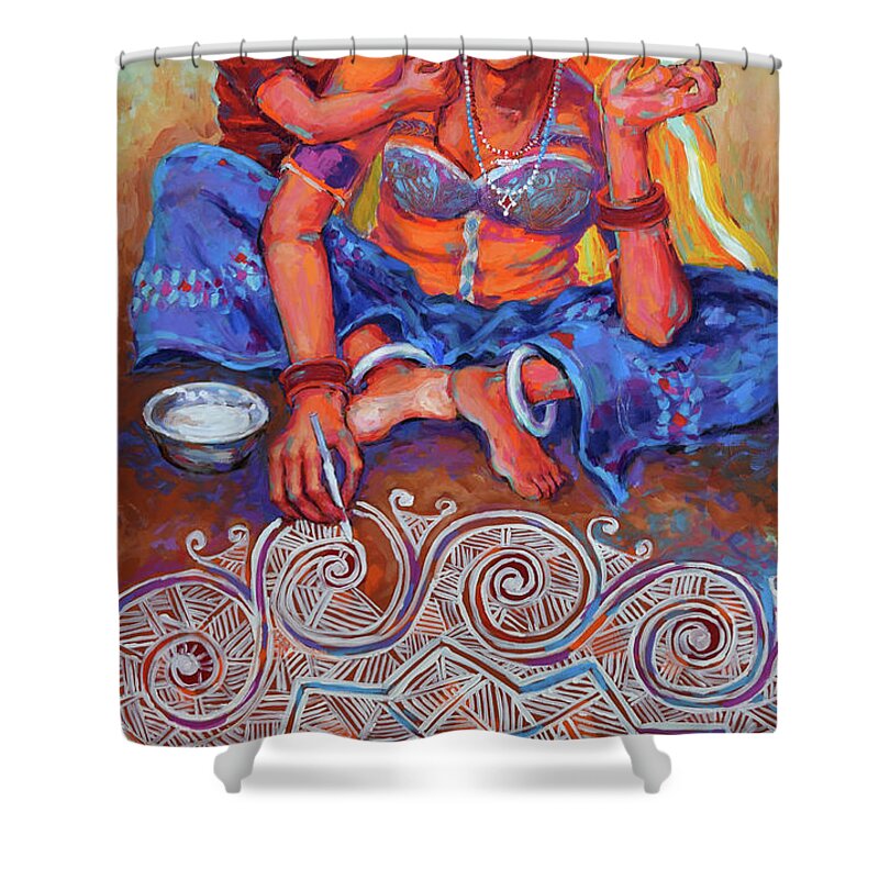 Mother And Child Shower Curtain featuring the painting Festive Bliss, Rangoli by Jyotika Shroff
