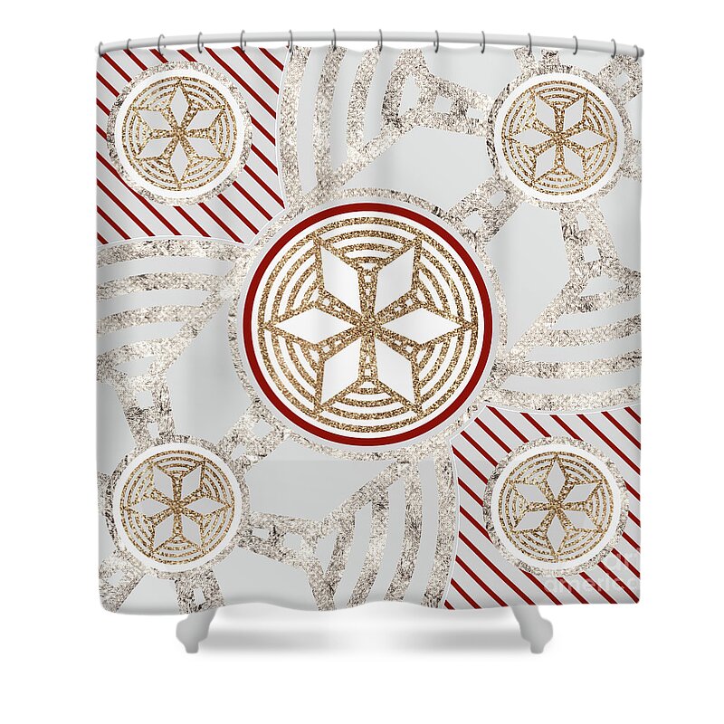 Abstract Shower Curtain featuring the mixed media Festive Sparkly Geometric Glyph Art in Red Silver and Gold n.0062 by Holy Rock Design