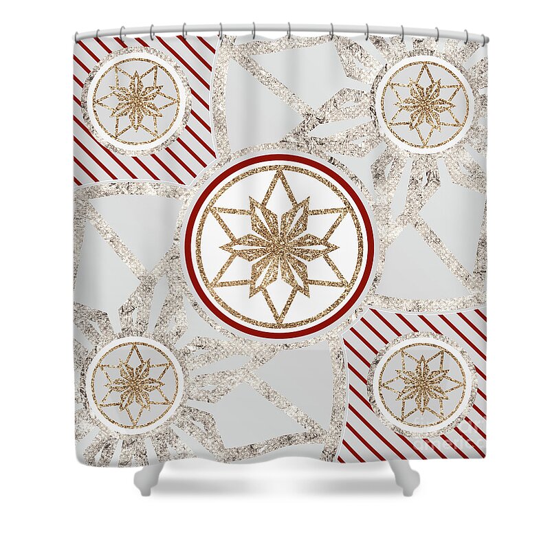 Abstract Shower Curtain featuring the mixed media Festive Sparkly Geometric Glyph Art in Red Silver and Gold n.0077 by Holy Rock Design