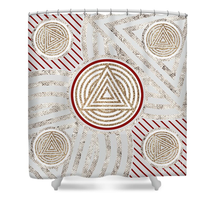Abstract Shower Curtain featuring the mixed media Festive Sparkly Geometric Glyph Art in Red Silver and Gold n.0087 by Holy Rock Design