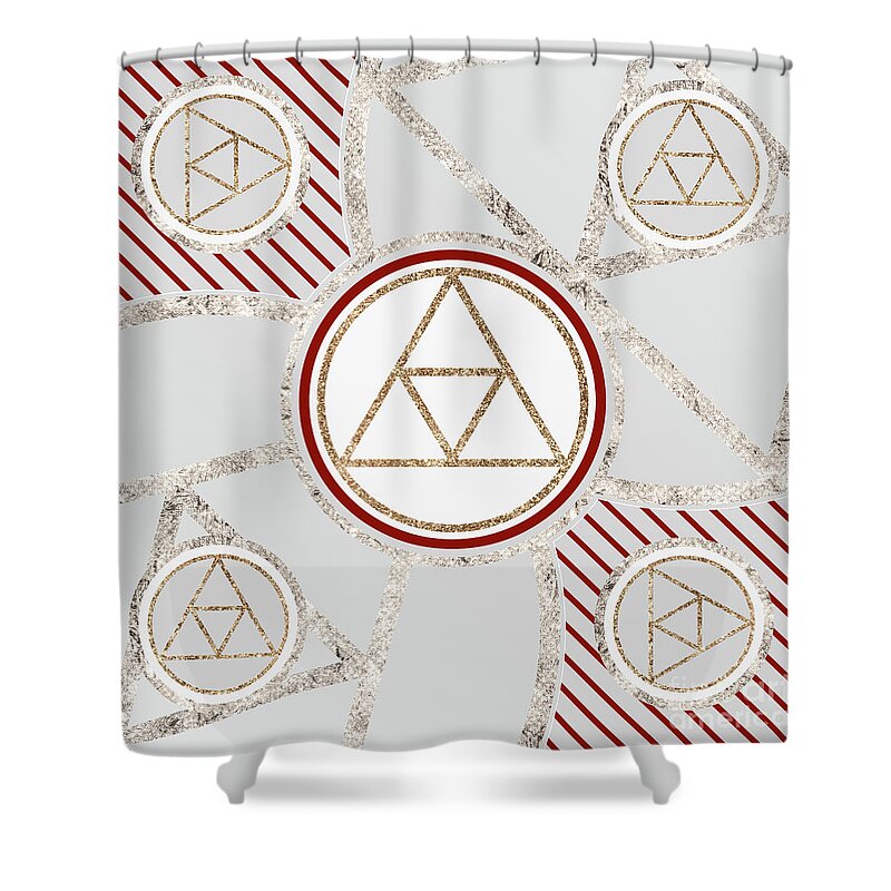 Abstract Shower Curtain featuring the mixed media Festive Sparkly Geometric Glyph Art in Red Silver and Gold n.0322 by Holy Rock Design