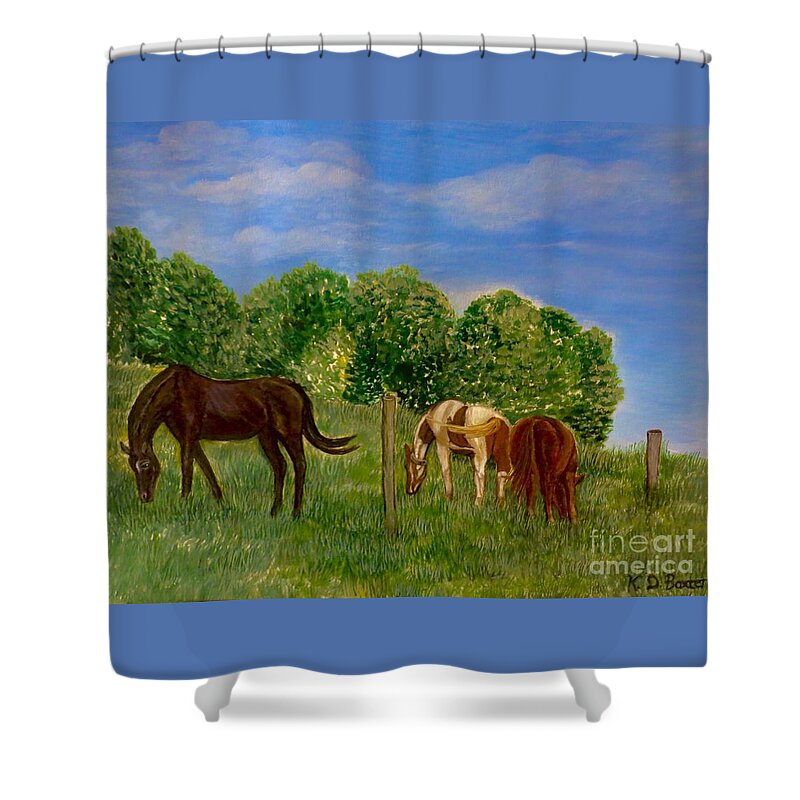 Bright Sunny Grassy Field Grasses Thoroughbred Stallion Horses Blount County Shower Curtain featuring the painting Field of Horses' Dreams by Kimberlee Baxter