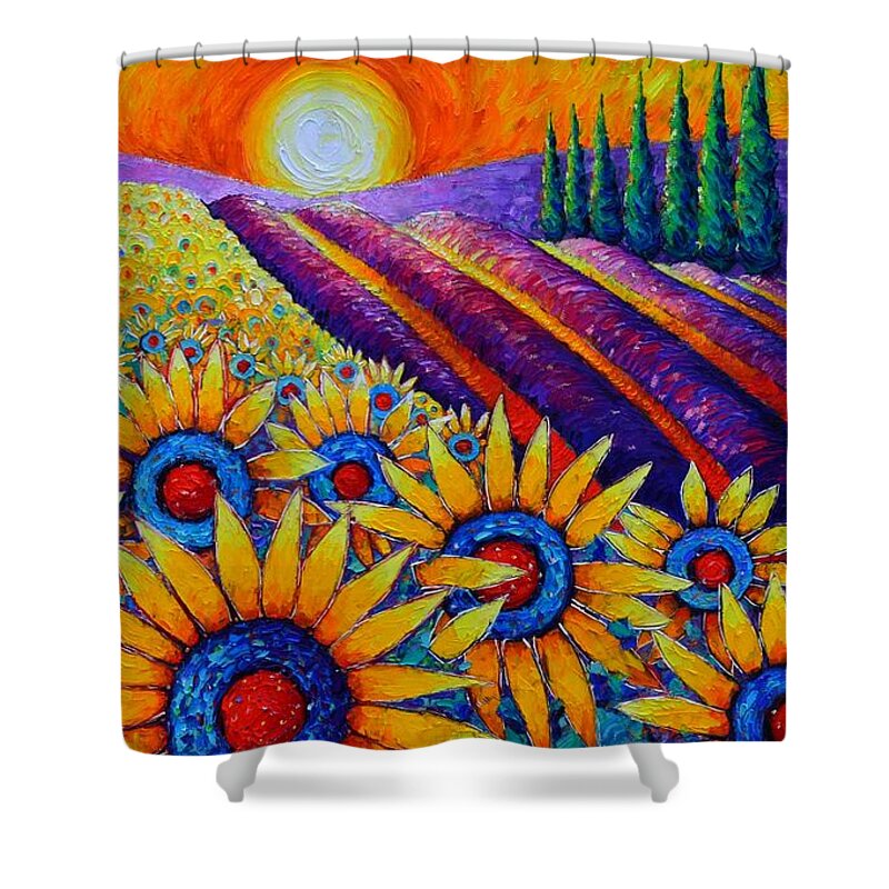 Sunflower Shower Curtain featuring the painting FIELDS OF GOLD IN SUNRISE LIGHT commissioned painting sunflowers and lavender Ana Maria Edulescu by Ana Maria Edulescu