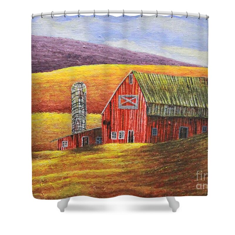 Barn Shower Curtain featuring the painting Fields of Gold by Scott Sladoff