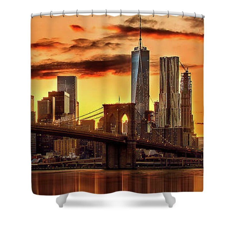 New York City Shower Curtain featuring the photograph Fiery Sunset Over Manhattan by Az Jackson