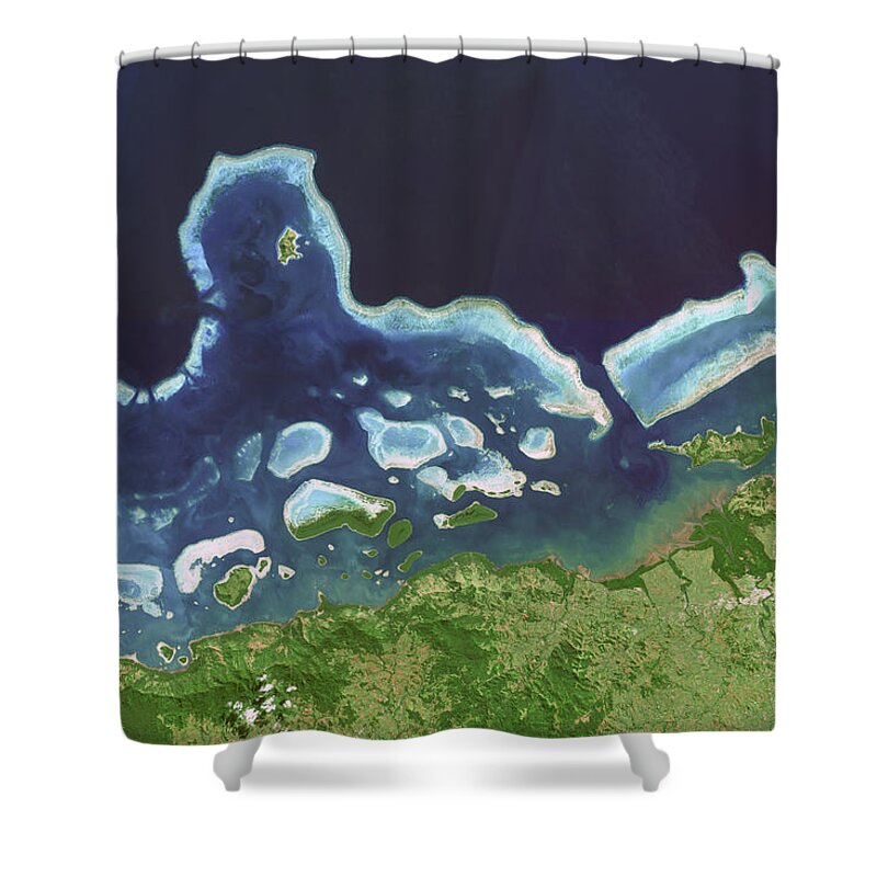 Satellite Image Shower Curtain featuring the digital art Fiji islands coral reef by Christian Pauschert