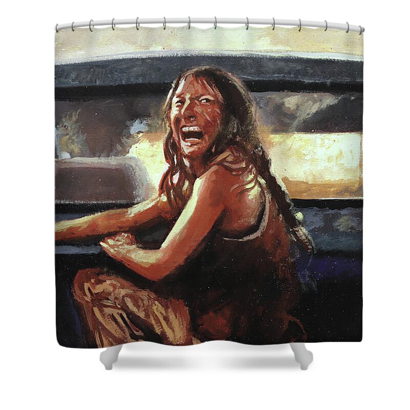 Girl Shower Curtain featuring the painting Final Girl Texas Chainsaw Massacre by Sv Bell
