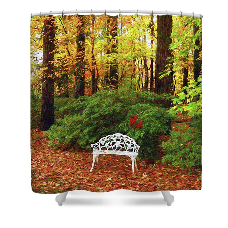 Bench Shower Curtain featuring the photograph Find Your Peace in Autumn on a Bench by Ola Allen