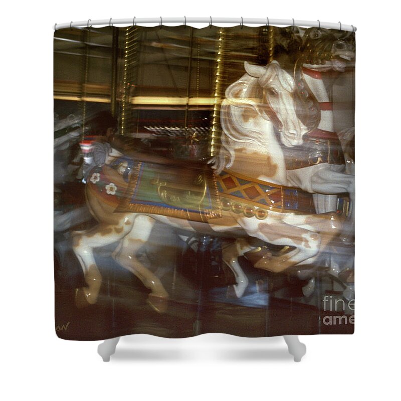Carousel Shower Curtain featuring the photograph fine art carousel photography - Running Horse by Sharon Hudson