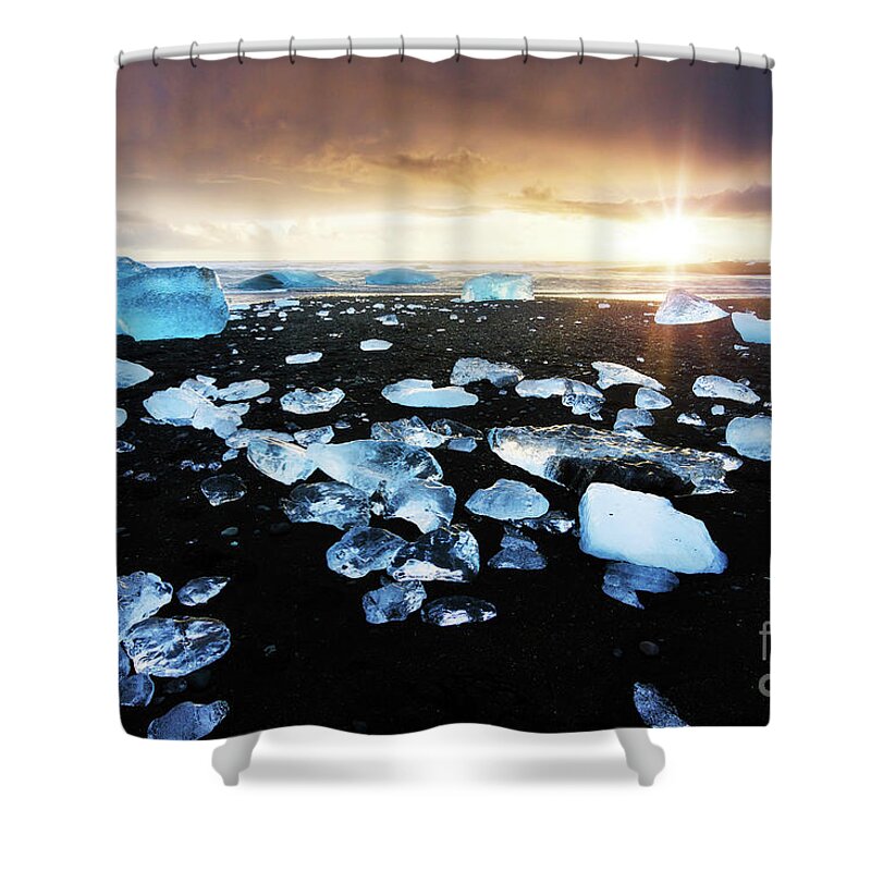 Coastal Shower Curtain featuring the digital art Fire and Ice Black Sand Sunset, Coastal Landscape Photograph by PIPA Fine Art - Simply Solid