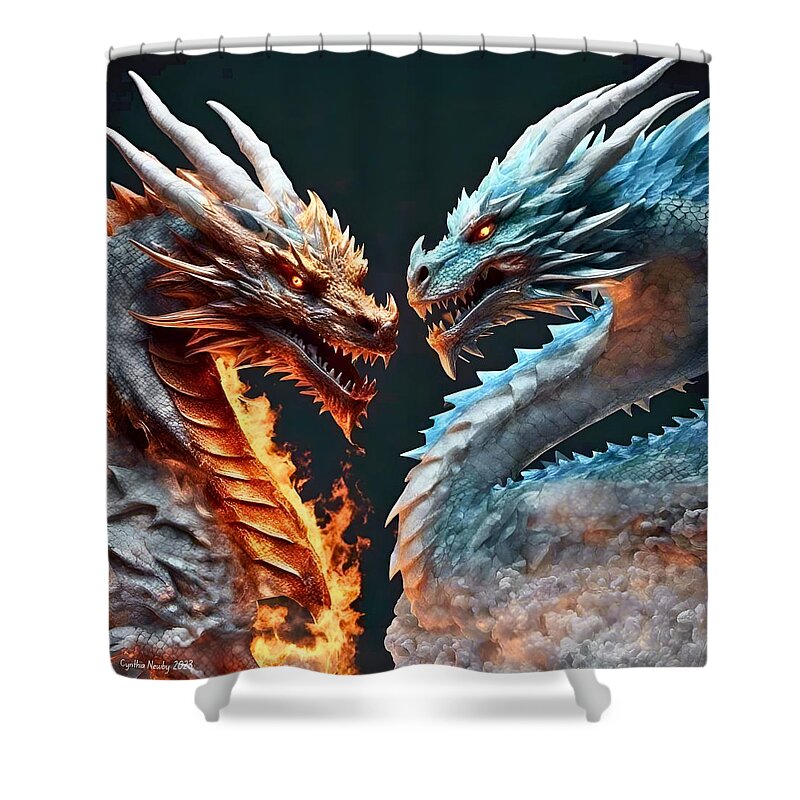 Ai Shower Curtain featuring the digital art Fire and Ice Dragons 2023v1 by Cindy's Creative Corner