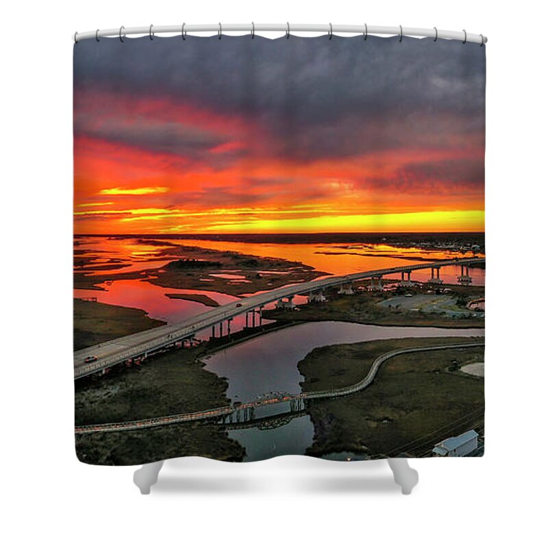 Sunset Shower Curtain featuring the photograph Fire Behind Bridge by DJA Images