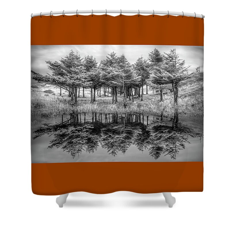 Black Shower Curtain featuring the photograph Fire in the Lake Black and White by Debra and Dave Vanderlaan