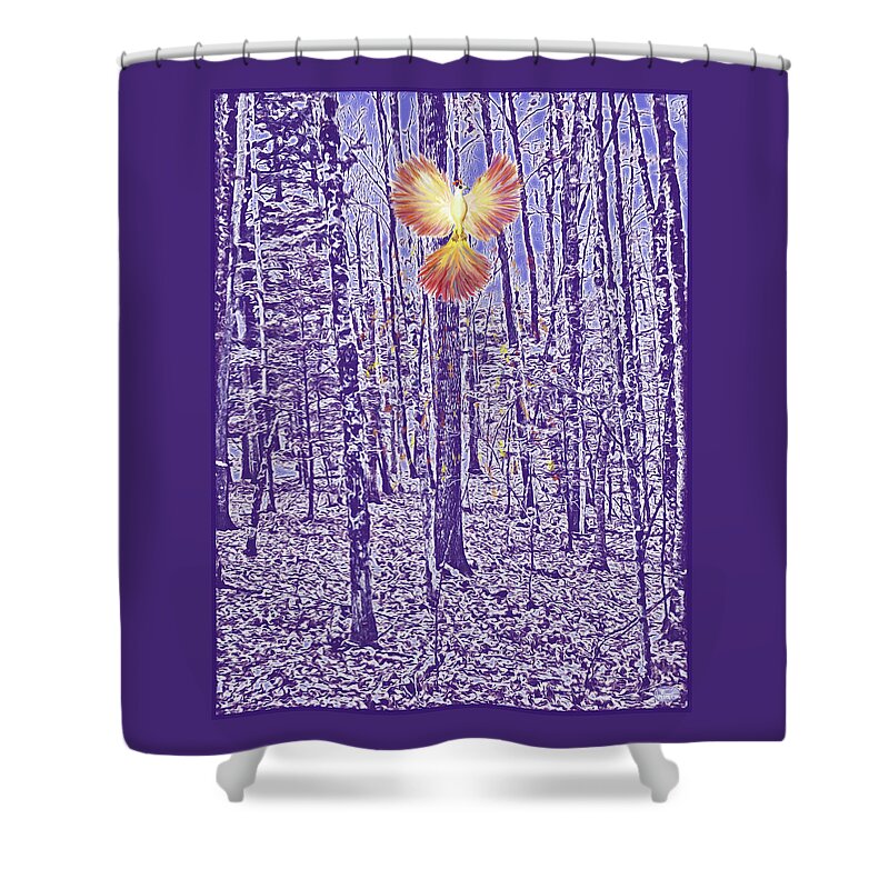 Firebird Shower Curtain featuring the mixed media Firebird in the Trees by Lise Winne