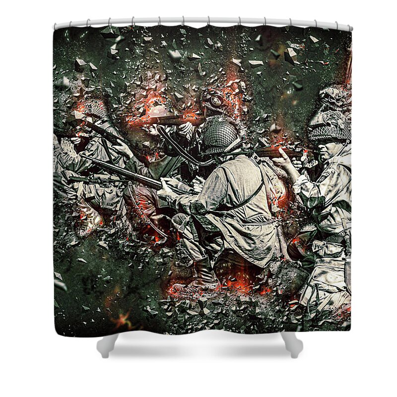 Us Army Shower Curtain featuring the mixed media Firefight Fury - Art by Tommy Anderson