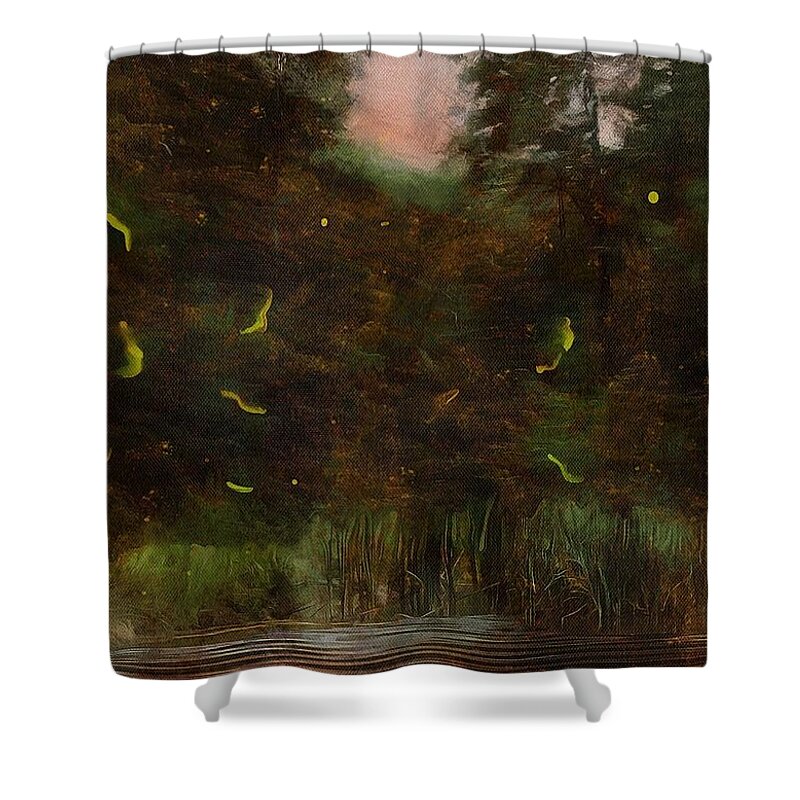 Firefly Shower Curtain featuring the mixed media Fireflies at the Pond by Christopher Reed