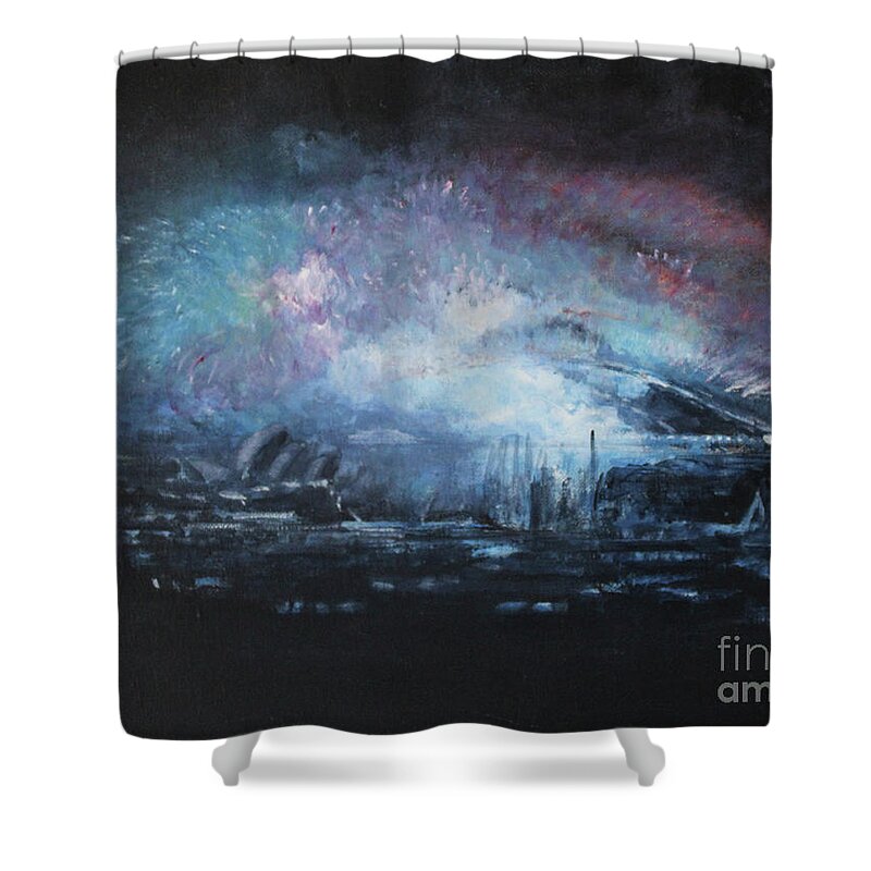 Abstract Shower Curtain featuring the painting Fireworks 2018 by Jane See