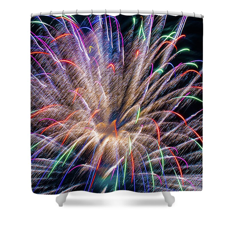Colorful Fireworks Romeoville Illinois Shower Curtain featuring the photograph Fireworks in Romeoville, Illinois #10 by David Morehead