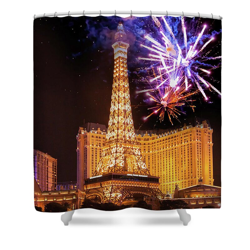 Las Vegas Shower Curtain featuring the photograph Fireworks over Paris, Las Vegas by Tatiana Travelways