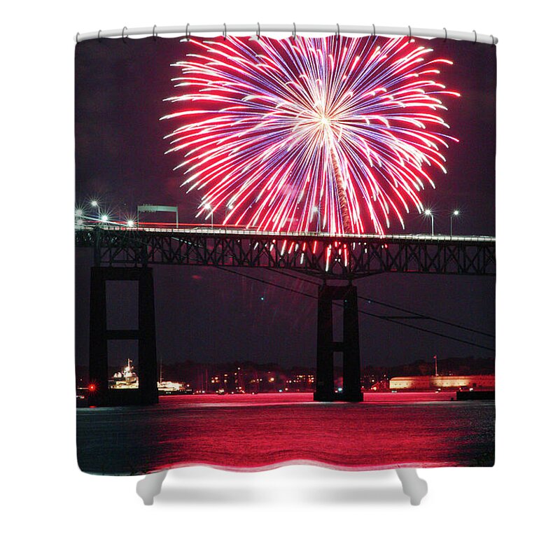 Fireworks Shower Curtain featuring the photograph Fireworks over the Newport Bridge by Jim Feldman